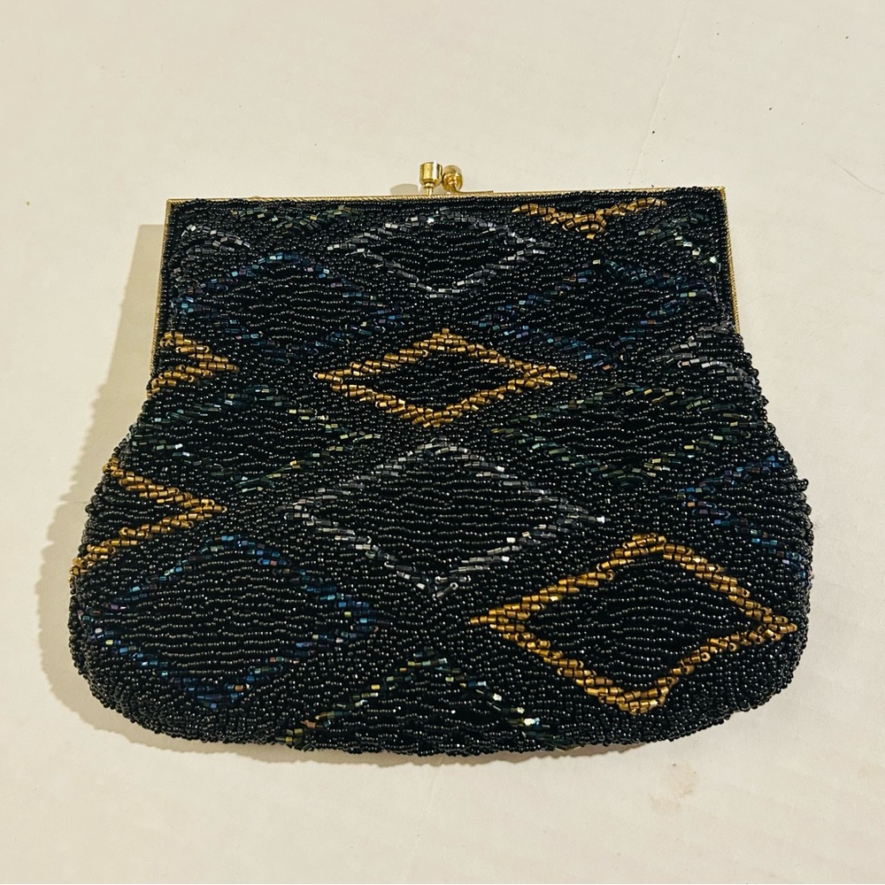 Vintage Walborg Black Beaded Evening Bag Gold & Blue Diamond Handmade in Japan